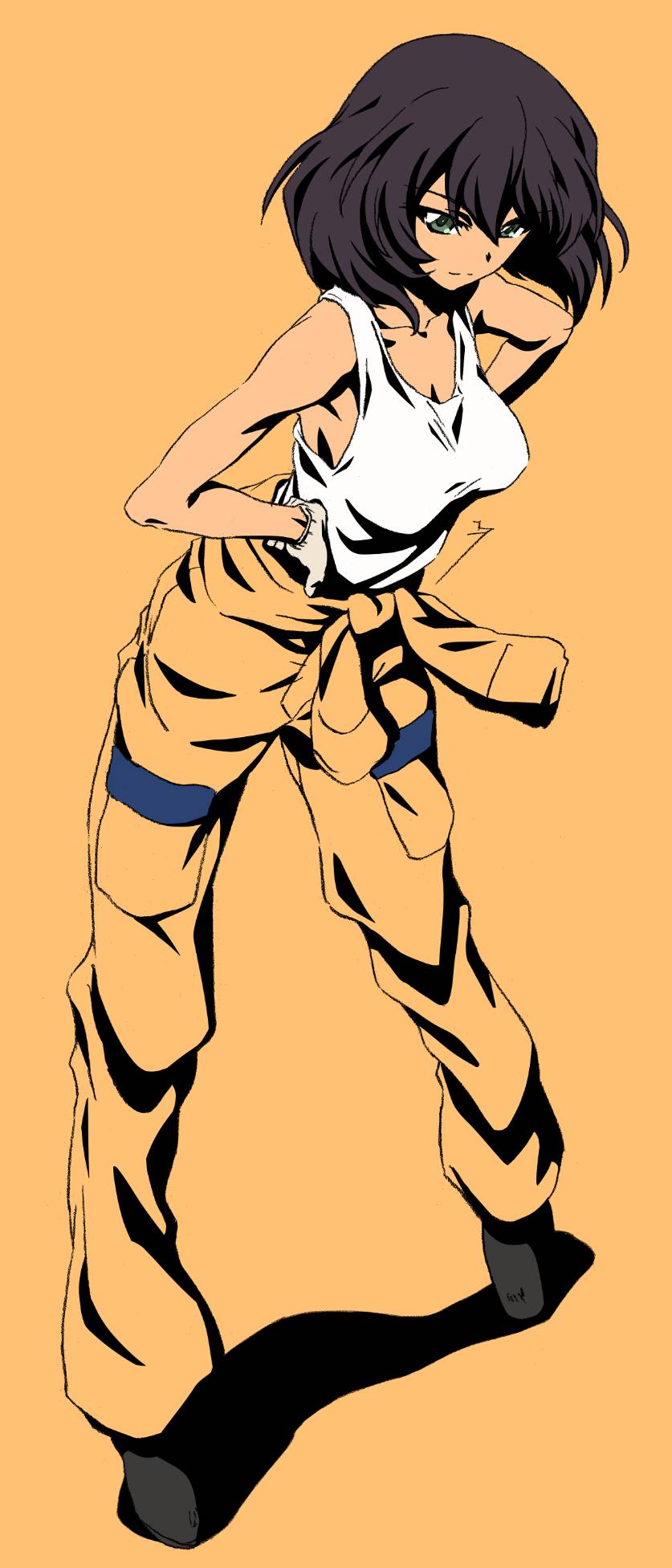 erakin, hoshino (girls und panzer), girls und panzer, commentary request, highres, 1girl, black hair, breasts, cleavage, closed mouth, green eyes, jumpsuit, large breasts, looking at viewer, orange background, orange jumpsuit, short hair, simple background, solo, tank top, white tank top