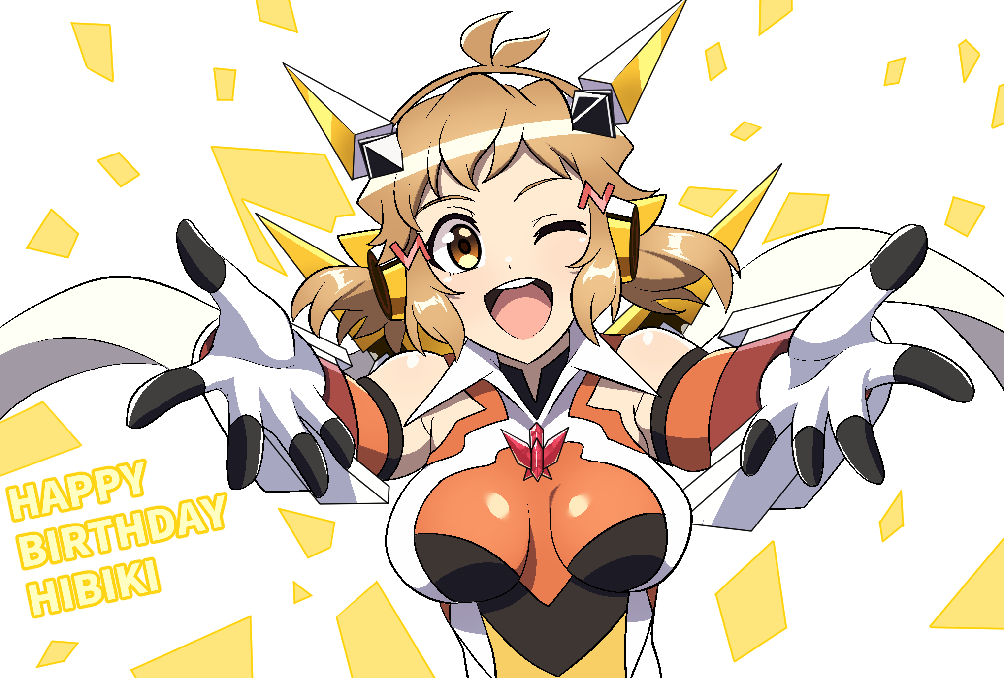 pikumin64, tachibana hibiki (symphogear), senki zesshou symphogear, highres, 1girl, blonde hair, bodysuit, breasts, happy birthday, large breasts, looking at viewer, magical girl, one eye closed, open mouth, short hair, simple background, smile, solo, upper body, yellow eyes