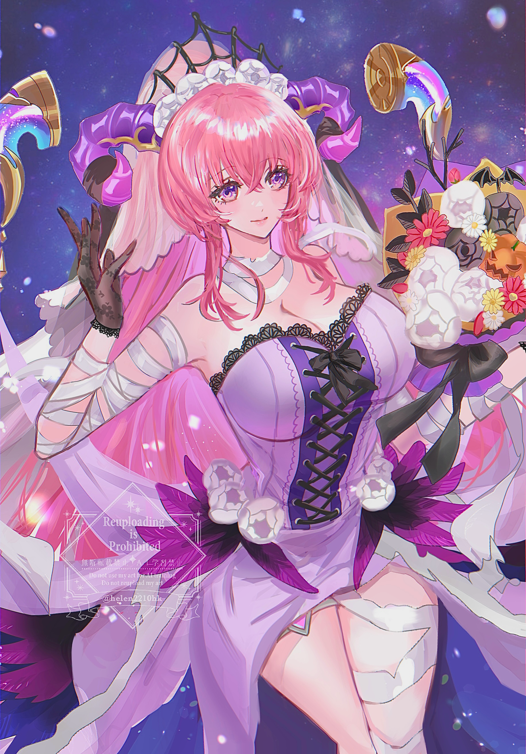 helen (helen2210hk), nerthuz (divine abundance) (fire emblem), nerthuz (fire emblem), fire emblem, fire emblem heroes, nintendo, absurdres, commentary request, highres, 1girl, armpits, breasts, cleavage, closed mouth, dress, eyelashes, gloves, goat horns, hair between eyes, halloween costume, horns, huge breasts, jack-o'-lantern, long hair, looking at viewer, official alternate costume, pink hair, ponytail, purple dress, purple eyes, solo, strapless, strapless dress, thighs, very long hair, wide hips
