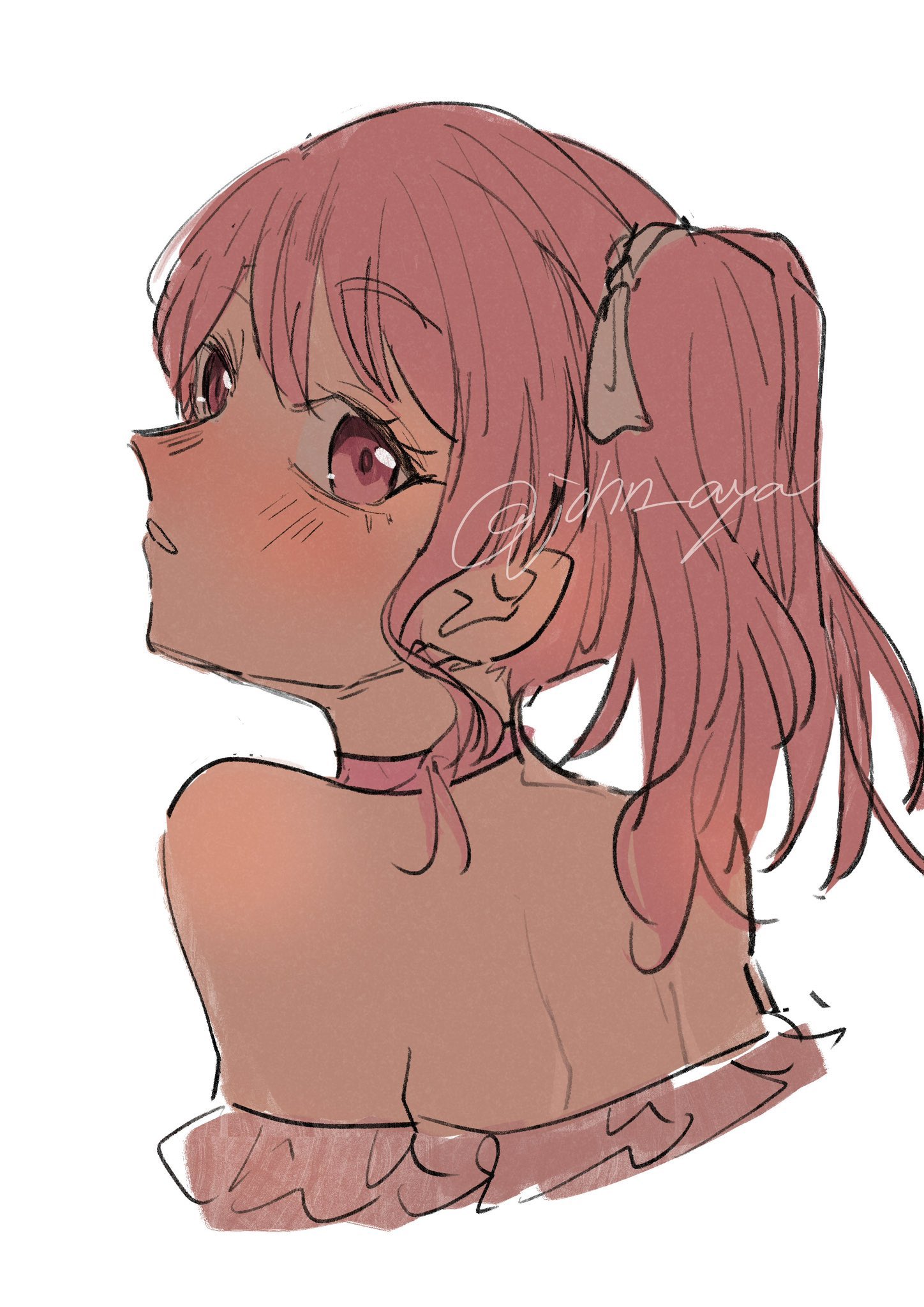 john aya, pin (done uop a), maruyama aya, bang dream!, commentary request, highres, 1girl, bare shoulders, blush, choker, dress, frilled dress, frills, looking at viewer, looking back, pink choker, pink eyes, pink hair, signature, simple background, sketch, twintails, white background