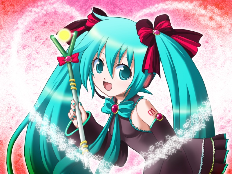 ginko (konekonoshippo), hatsune miku, vocaloid, bad id, bad pixiv id, aqua eyes, aqua hair, bow, bowtie, detached sleeves, hair bow, heart, nail polish, solo, spring onion, star (symbol), twintails, wand