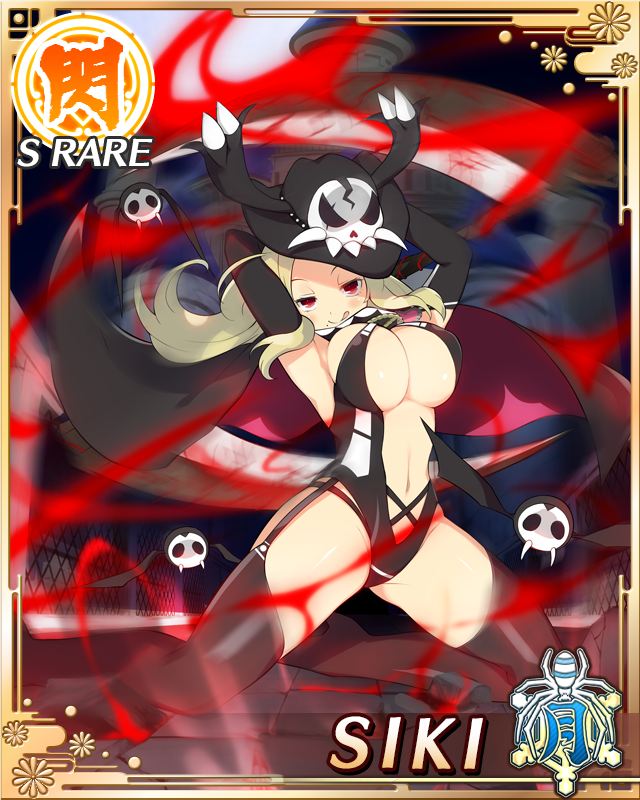 shiki (senran kagura), senran kagura, senran kagura new wave, game cg, official art, third-party source, 1girl, :q, arms up, aura, bat (animal), black cape, black hat, black leotard, black thighhighs, blonde hair, boots, border, breasts, cape, card (medium), character name, closed mouth, clothing cutout, elbow gloves, garter straps, gloves, groin, hat, holding, holding scythe, holding weapon, large breasts, leotard, long hair, looking at viewer, middle part, mole, mole under mouth, navel, navel cutout, parted bangs, red eyes, scythe, skull print, smile, solo, spinning weapon, thigh boots, thighhighs, tongue, tongue out, two-tone cape, weapon