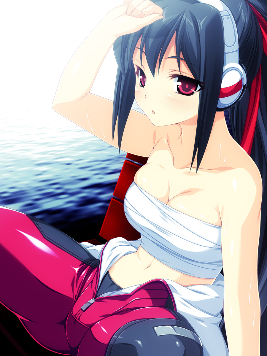 kinoshita ichi, dj sakura, beatmania iidx, beatmania iidx 11 iidx red, bemani, highres, 1girl, arm up, bare shoulders, biker clothes, bikesuit, black hair, blush, bodysuit, breasts, chest sarashi, cleavage, collarbone, female focus, hair ribbon, headphones, long hair, looking at viewer, midriff, navel, no bra, open mouth, panties, red eyes, ribbon, sarashi, sitting, solo, spread legs, sweat, underwear, unzipped