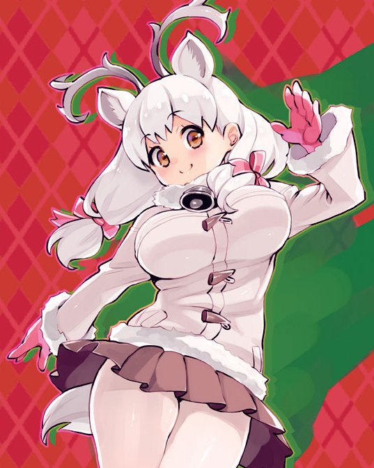 ryoji (nomura ryouji), white reindeer (kemono friends), kemono friends, commentary request, 1girl, animal ears, antlers, bell, bow, brown eyes, brown skirt, coat, cowboy shot, deer ears, deer tail, extra ears, fur collar, fur trim, gloves, hair bow, horns, long hair, long sleeves, neck bell, pantyhose, pink bow, pink gloves, pleated skirt, reindeer antlers, reindeer girl, skirt, smile, solo, tail, twintails, white coat, white fur, white hair, white pantyhose, winter clothes, winter coat