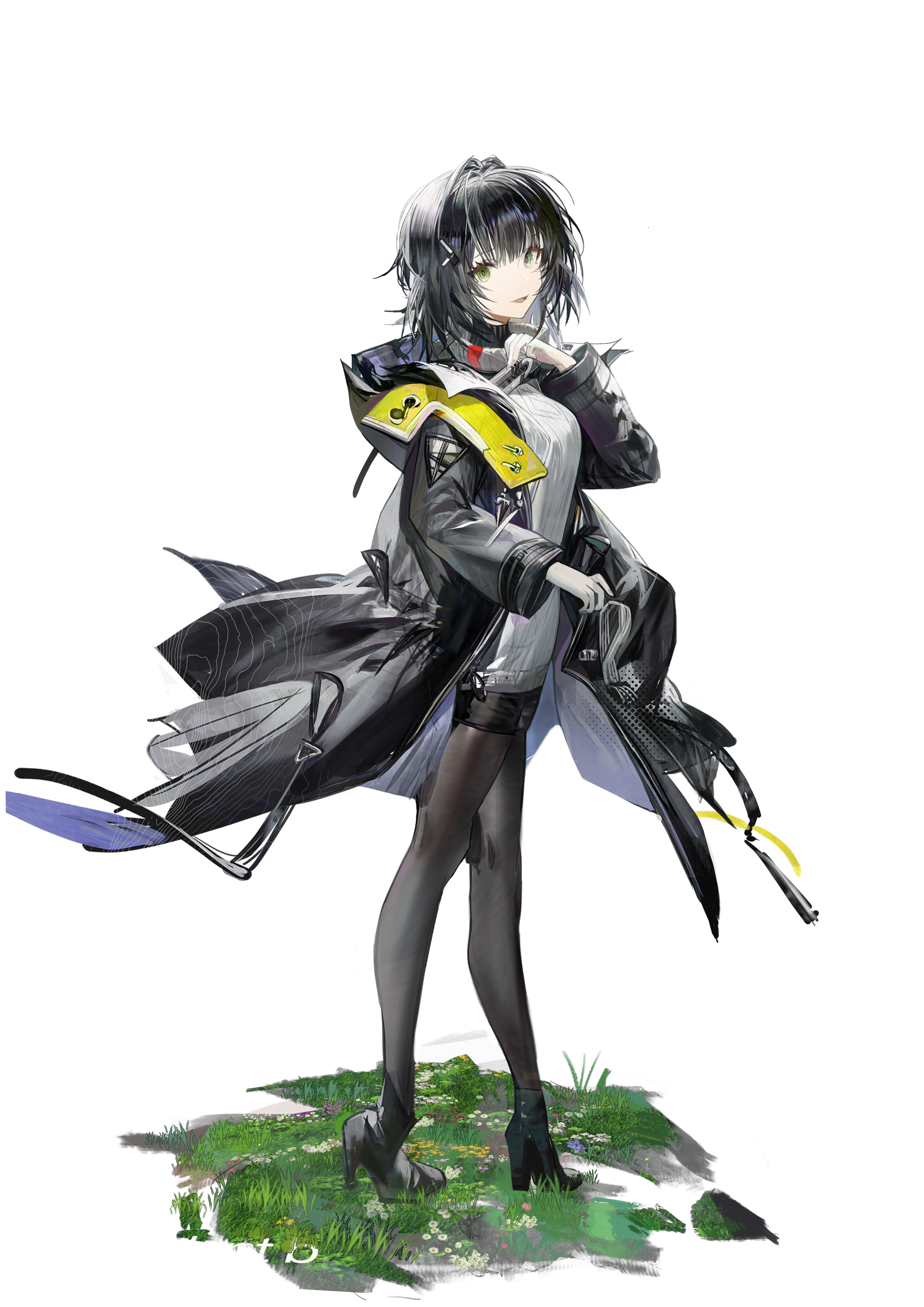 plumw, endministrator (arknights), female endministrator (arknights), arknights, arknights: endfield, absurdres, highres, 1girl, black coat, black hair, black pantyhose, coat, green eyes, high heels, hood, hooded coat, long coat, meadow, open clothes, open coat, pantyhose, short hair, shorts, simple background, solo, sweater, white background