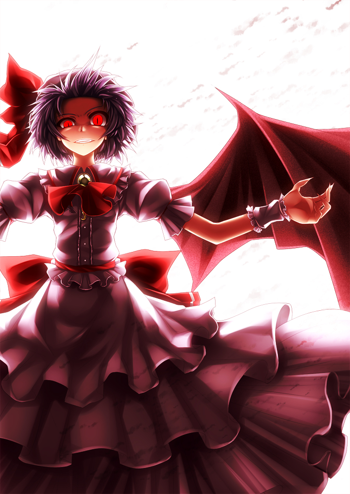 kazetto, remilia scarlet, touhou, light purple hair, 1girl, bat wings, claws, crazy eyes, fangs, female focus, hat, red eyes, short hair, slit pupils, solo, standing, wings