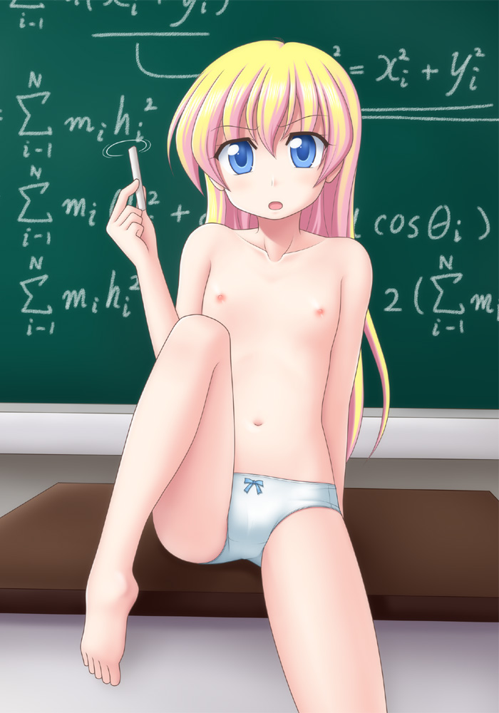 utomo, rebecca miyamoto, pani poni dash!, 00s, 1girl, barefoot, blonde hair, blue eyes, bow, bow panties, chalk, chalkboard, feet, female focus, flat chest, loli, long hair, math, navel, nipples, panties, podium, solo, toes, topless female, underwear, white panties