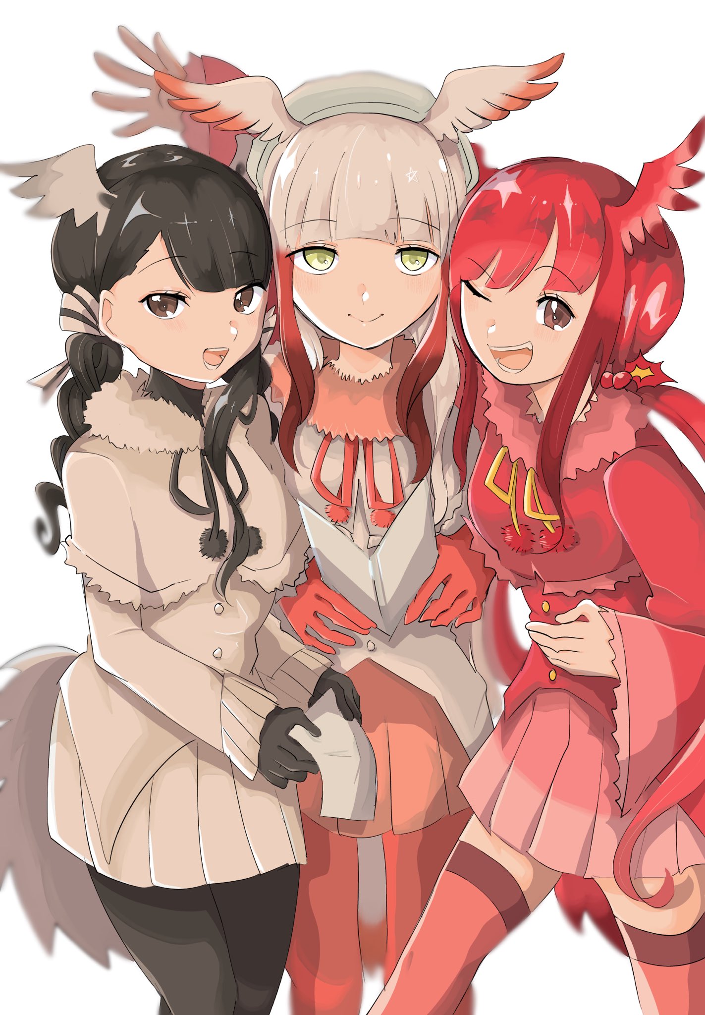 kamisamanosaba, black-headed ibis (kemono friends), japanese crested ibis (kemono friends), scarlet ibis (kemono friends), kemono friends, commentary request, highres, 3girls, bird girl, bird tail, bird wings, black bow, black bowtie, black gloves, black hair, black pantyhose, blunt bangs, blush, bow, bowtie, braid, brown eyes, frilled sleeves, frills, fur collar, gloves, hair bobbles, hair ornament, head wings, long hair, long sleeves, looking at viewer, multicolored hair, multiple girls, one eye closed, pantyhose, pleated skirt, red bow, red bowtie, red fur, red gloves, red hair, red pantyhose, red shirt, red skirt, red thighhighs, shirt, short hair, short hair with long locks, sidelocks, skirt, smile, tail, thighhighs, twin braids, white fur, white hair, white shirt, white skirt, wings, yellow bow, yellow bowtie, yellow eyes, zettai ryouiki