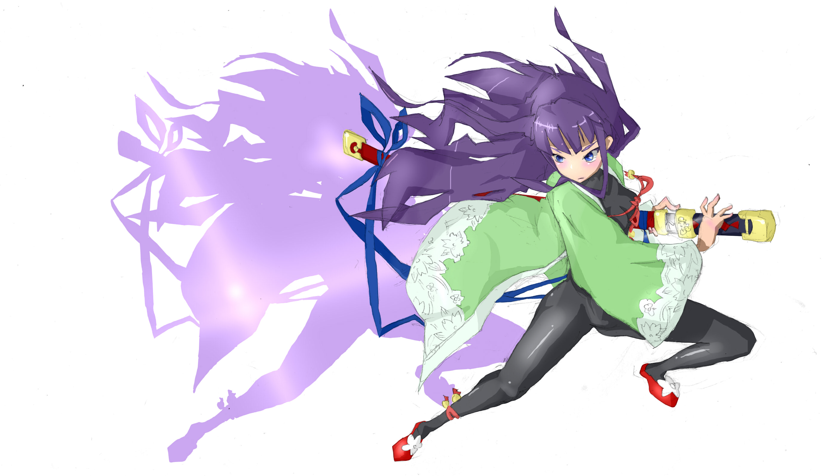 buttoiotodemezameru, ran (7th dragon), samurai (7th dragon), 7th dragon, 7th dragon (series), highres, 1girl, bodysuit, female focus, purple hair, solo, sword, weapon