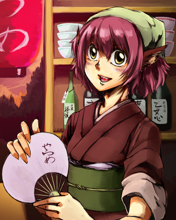 tsukino, mystia lorelei, okamisty, touhou, 1girl, animal ears, bottle, fangs, female focus, food stand, green headscarf, hand fan, headscarf, japanese clothes, paper fan, pink hair, short hair, smile, solo, tasuki, uchiwa