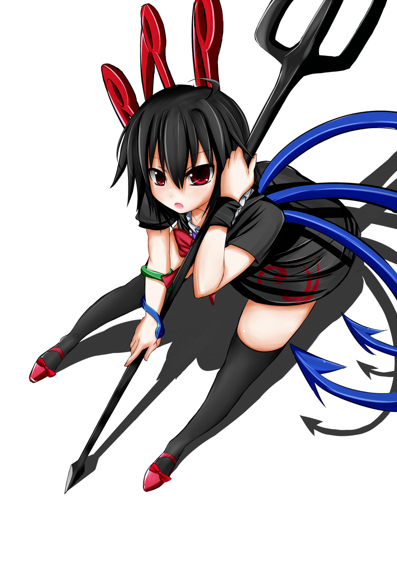 k-14, houjuu nue, touhou, 1girl, black hair, black thighhighs, dress, female focus, full body, polearm, red eyes, short hair, snake, solo, spear, thighhighs, trident, weapon, white background, wings