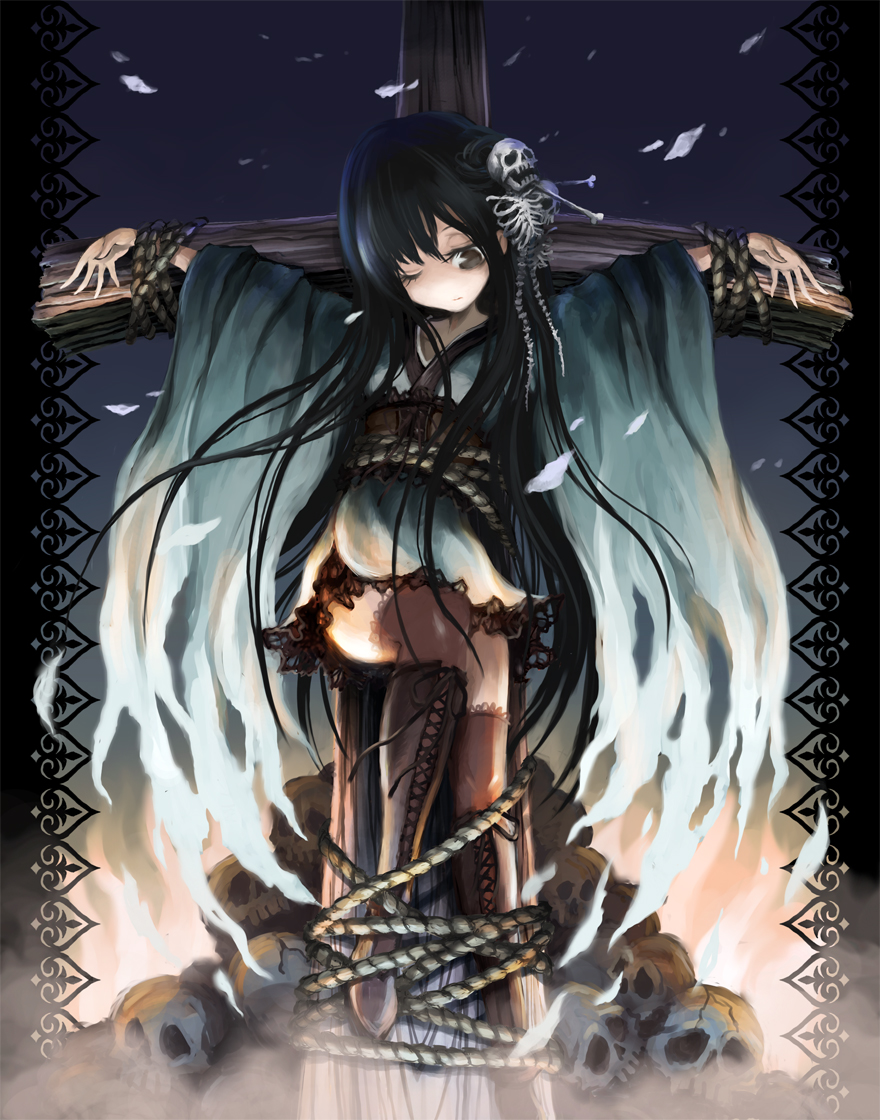 ume (illegal bible), original, 1girl, black hair, bone, boots, bound, brown eyes, cross, crucifixion, dress, female focus, fire, hair ornament, knee boots, long hair, no nose, one eye closed, rope, skeleton, skull, skull hair ornament, solo, thighhighs, tied up (nonsexual), wink, zettai ryouiki