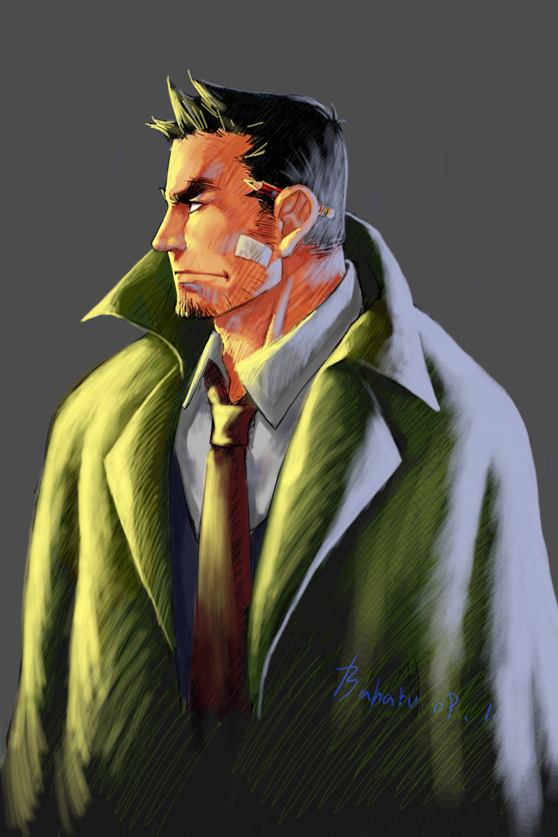 baharu, dick gumshoe, ace attorney, capcom, bad id, bad pixiv id, 1boy, bandages, beard stubble, black hair, coat, facial hair, goatee, male focus, manly, necktie, object behind ear, pencil, pencil behind ear, short hair, sideburns, sideburns stubble, solo, stubble, trench coat