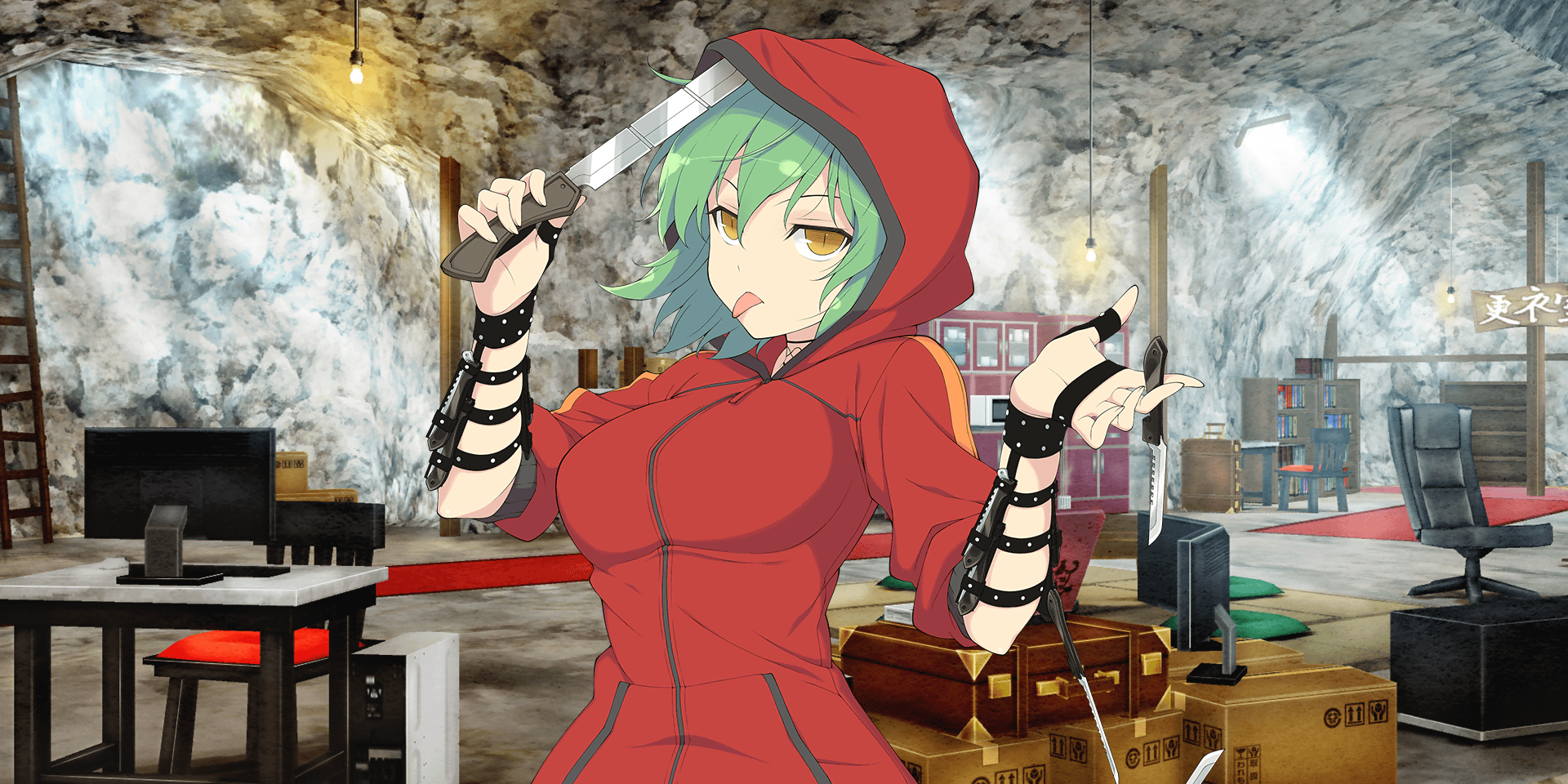hikage (senran kagura), senran kagura, senran kagura new link, senran kagura shoujo-tachi no shin'ei, highres, official art, 1girl, :p, blush, bookshelf, box, breasts, cabinet, cardboard box, cave, chair, green hair, holding, holding knife, holding weapon, hood, hood up, jacket, knife, ladder, large breasts, looking at viewer, machete, red jacket, red track suit, short hair, slit pupils, solo, table, tongue, tongue out, track jacket, track suit, weapon, yellow eyes