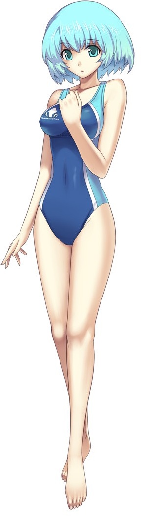hirano katsuyuki, nakamura tatsunori, wuim (mana khemia), atelier (series), cross edge, gust, mana khemia (series), mana khemia 2, long image, official art, tall image, 1girl, :o, alternate costume, barefoot, blue eyes, blue hair, breasts, competition swimsuit, feet, female focus, full body, impossible clothes, impossible swimsuit, legs, matching hair/eyes, medium breasts, one-piece swimsuit, open mouth, short hair, simple background, skin tight, solo, standing, swimsuit, white background