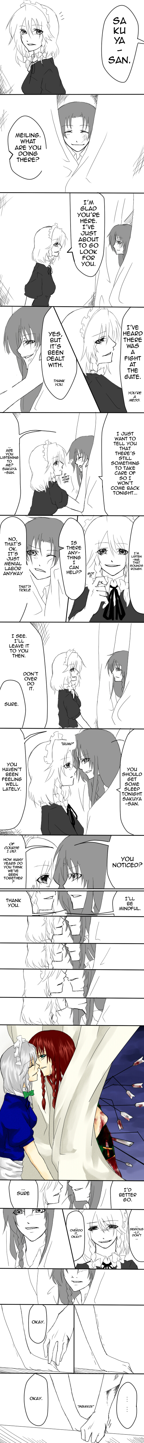 inu tsuki, hong meiling, izayoi sakuya, embodiment of scarlet devil, touhou, absurdres, hard-translated, highres, long image, tall image, third-party edit, translated, arrow (projectile), blood, comic, female focus, greyscale, monochrome, tears