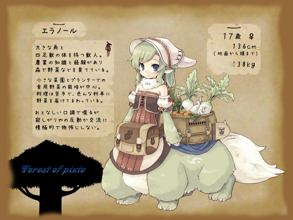 7010, forest of pixiv, fur, md5 mismatch, partially translated, resolution mismatch, source larger, translation request, 1girl, animal ears, blue eyes, blush, carrot, centauroid, detached sleeves, dress, female focus, food, green hair, monster girl, rabbit, radish, solo, tail, taur, vegetable