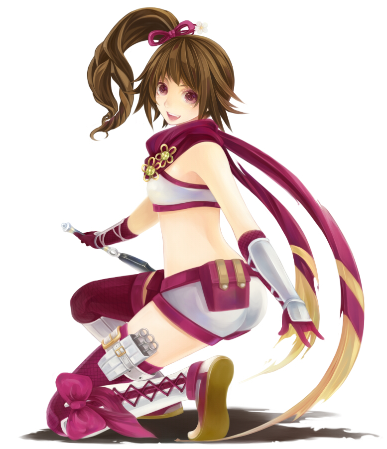 kunoichi (sengoku musou), sengoku musou, sengoku musou 3, brown eyes, brown hair, dagger, fishnet thighhighs, fishnets, kneeling, knife, kunai, midriff, ribbon, scarf, shorts, side ponytail, smile, thighhighs, weapon