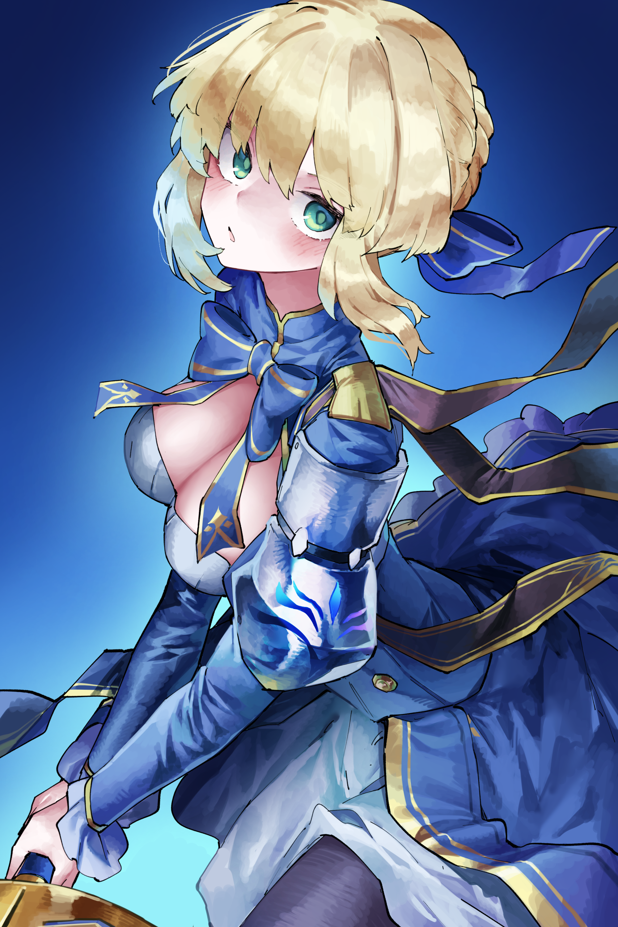 vivo (vivo sun 0222), artoria pendragon (fate), saber (fate), saber (honkai: star rail) (fate), fate/stay night, fate/unlimited blade works, fate (series), honkai: star rail, honkai (series), absurdres, commentary request, highres, revision, 1girl, blonde hair, blue background, blue bow, blue bowtie, blue dress, bow, bowtie, braid, breasts, bun with braided base, cleavage, crossover, dress, excalibur (fate/stay night), green eyes, hair bun, holding, holding sword, holding weapon, medium breasts, short hair, solo, sword, weapon