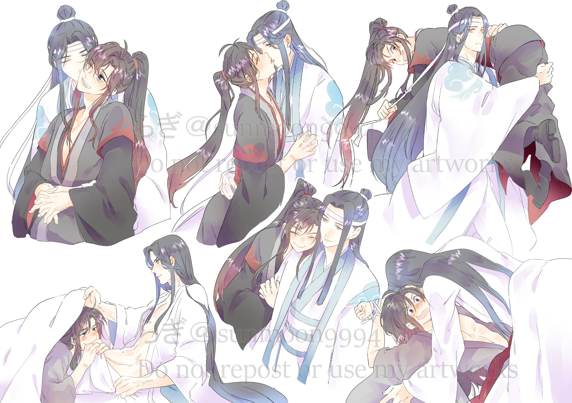 lan wangji, wei wuxian, modao zushi, commentary request, highres, 2boys, abs, ahoge, alternate hairstyle, arm hug, ass, black boots, black hair, black hanfu, blanket, blue eyes, blue sash, blush, boots, bound, bound wrists, brown hair, carrying, carrying over shoulder, carrying person, chinese clothes, closed eyes, closed mouth, couple, groin, hair down, hair ribbon, hand on another's hip, hanfu, headband, high ponytail, holding, holding another's arm, holding hands, hug, hug from behind, implied fellatio, implied sex, kiss, kissing cheek, long hair, long sleeves, looking at another, lying, male focus, multiple boys, multiple views, navel, on back, one eye closed, open clothes, open mouth, open robe, pectoral cleavage, pectorals, ponytail, red ribbon, red sash, ribbon, robe, sash, sidelocks, simple background, sitting, smile, sunmoon9994, topknot, twitter username, under covers, very long hair, watermark, white background, white hanfu, white headband, wide sleeves, yaoi, yellow eyes