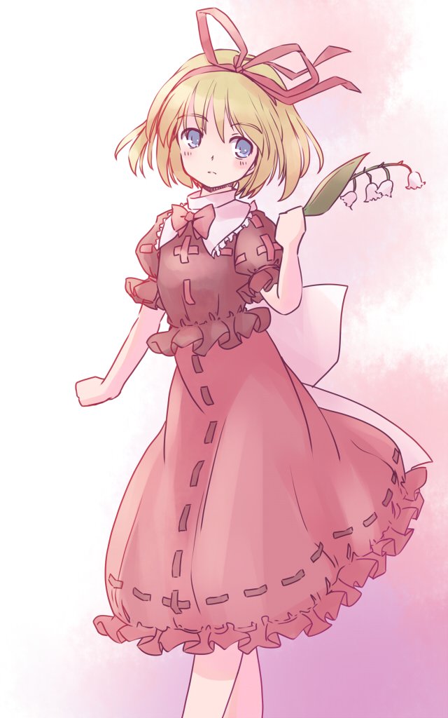 rangycrow, medicine melancholy, touhou, commentary request, 1girl, back bow, blonde hair, blue eyes, blush, bow, bowtie, feet out of frame, flower, frilled shirt collar, frills, gradient background, hair ribbon, hand up, holding, holding flower, lily of the valley, one-hour drawing challenge, parted lips, puffy short sleeves, puffy sleeves, red background, red bow, red bowtie, red ribbon, red shirt, red skirt, ribbon, shirt, short hair, short sleeves, sideways glance, skirt, solo, white bow