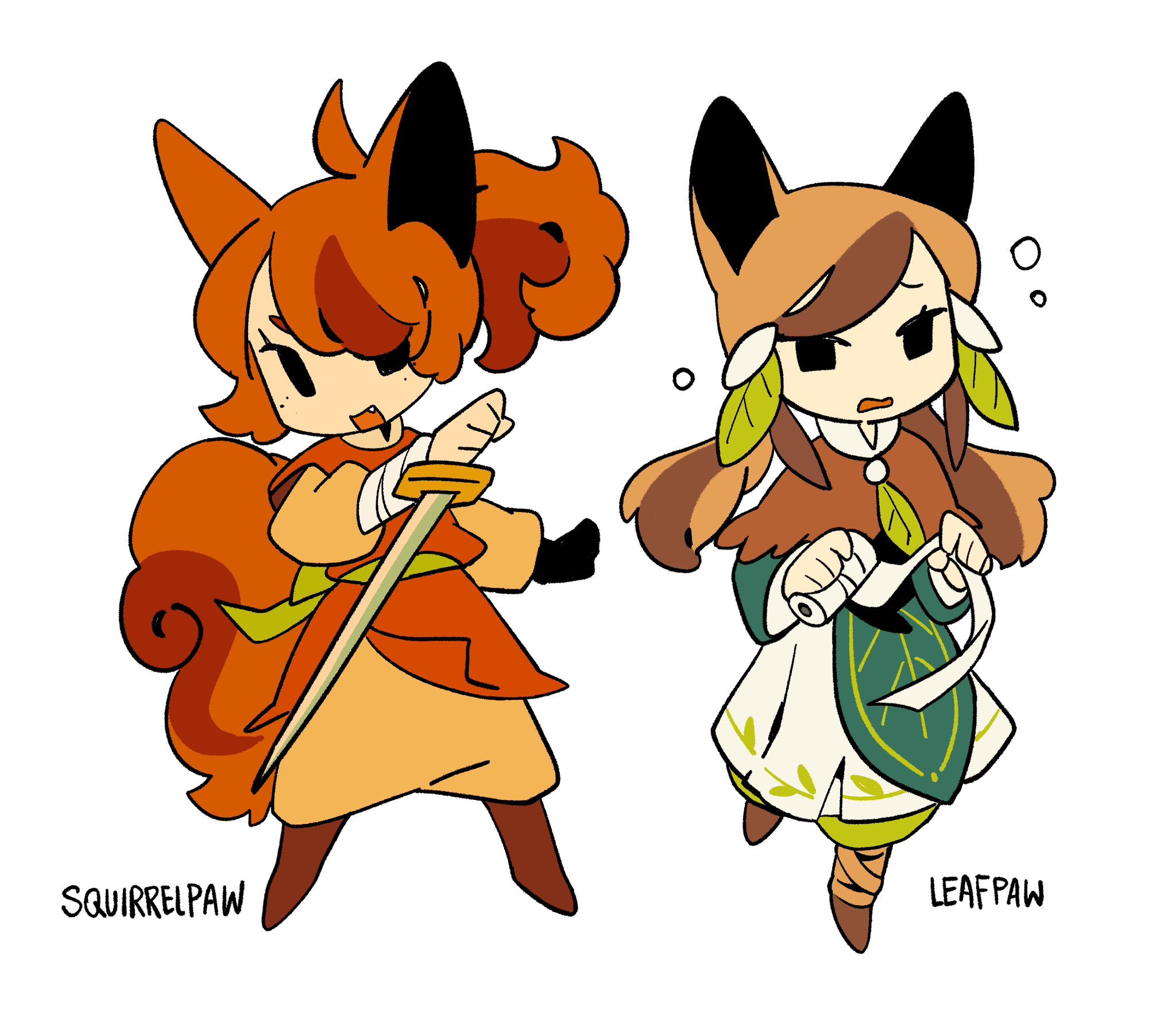 rehtaef, leafpool, the new prophecy, warrior cats, chinese commentary, commentary request, highres, 2girls, animal ears, animification, bandages, black eyes, brown capelet, brown hair, capelet, cat ears, cat tail, character name, deformed, freckles, full body, green robe, hair ornament, holding, holding bandages, holding sword, holding weapon, leaf hair ornament, long hair, low twintails, multiple girls, name connection, object namesake, orange hair, orange tunic, personification, ponytail, robe, siblings, simple background, sisters, squirrel tail, squirrelstar, sword, tail, tunic, twintails, weapon, white background
