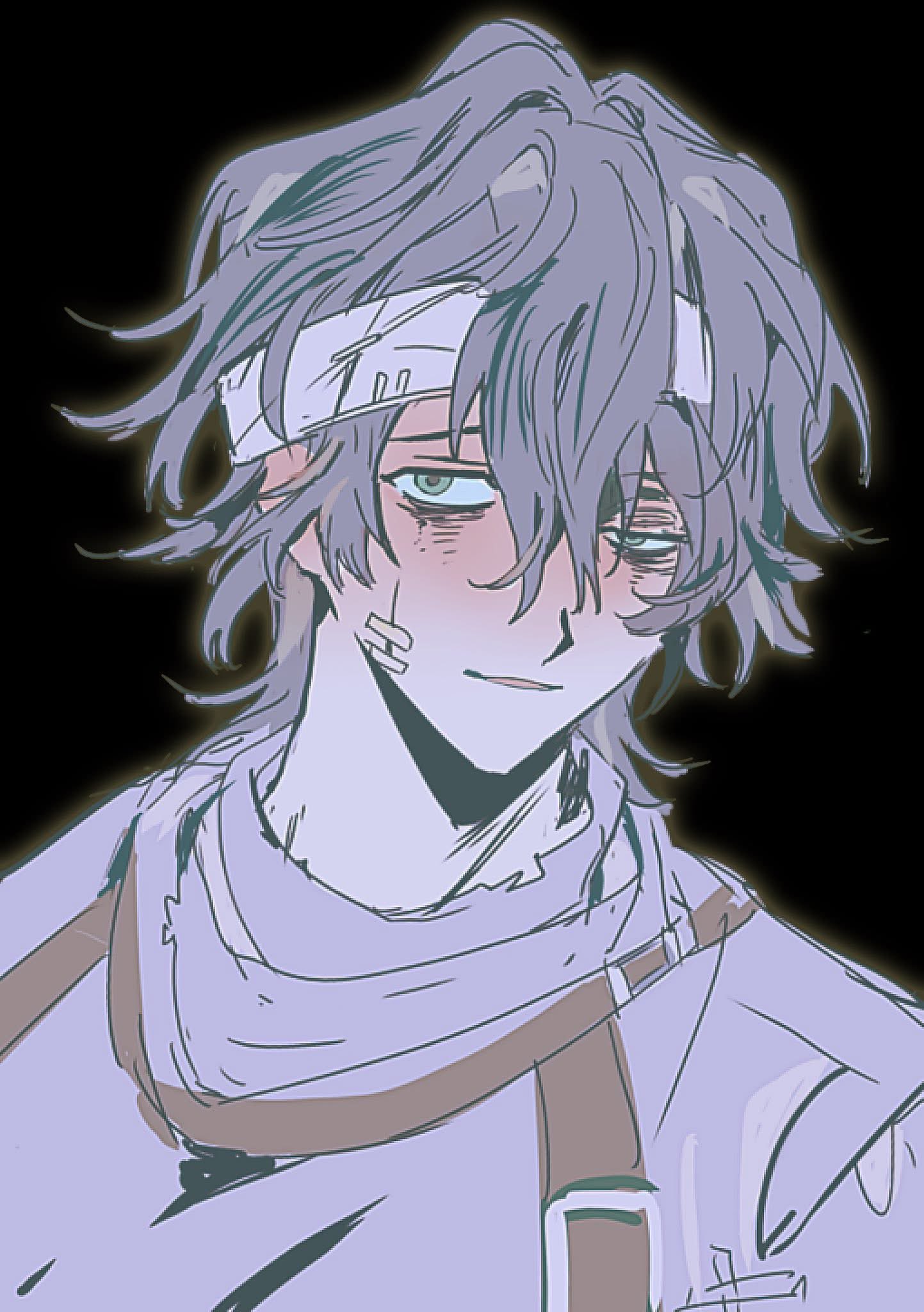 soda0606, emil (identity v), identity v, hashtag-only commentary, highres, 1boy, bandaged head, bandages, black hair, green eyes, hair between eyes, half-closed eye, looking at viewer, male focus, parted lips, portrait, solo, uneven eyes, wavy hair