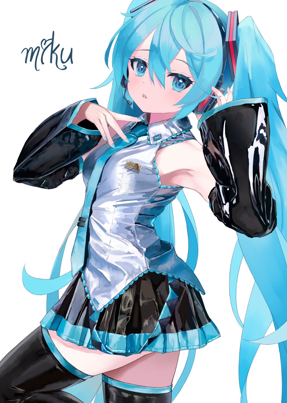 takepon1123, hatsune miku, vocaloid, commentary request, highres, 1girl, aqua eyes, aqua hair, aqua nails, aqua necktie, aqua trim, arm up, armpits, black skirt, black sleeves, blush, boots, breasts, character name, collared shirt, detached sleeves, fingernails, grey shirt, hair between eyes, hair ornament, headphones, headset, long hair, long sleeves, looking at viewer, medium breasts, miniskirt, nail polish, necktie, open mouth, pleated skirt, shirt, simple background, skirt, solo, thigh boots, thighhighs, twintails, very long hair, white background, wide sleeves, zettai ryouiki