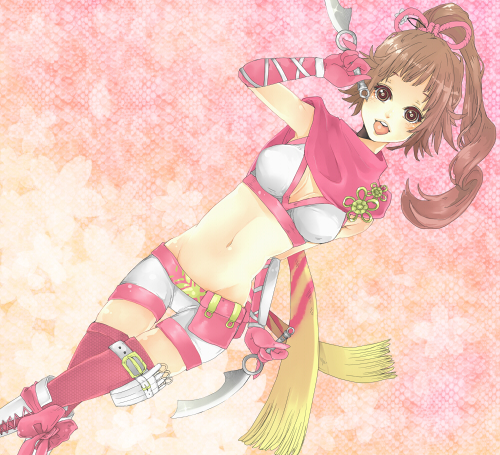 kunoichi (sengoku musou), sengoku musou, sengoku musou 3, lowres, brown hair, dagger, knife, midriff, ninja, ponytail, ribbon, scarf, tongue, weapon