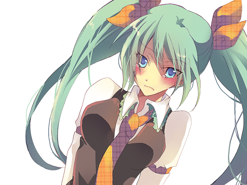 karu38, hatsune miku, vocaloid, bad id, bad pixiv id, 1girl, aqua hair, blue eyes, blush, breasts, female focus, long hair, necktie, simple background, solo, tears, twintails, white background