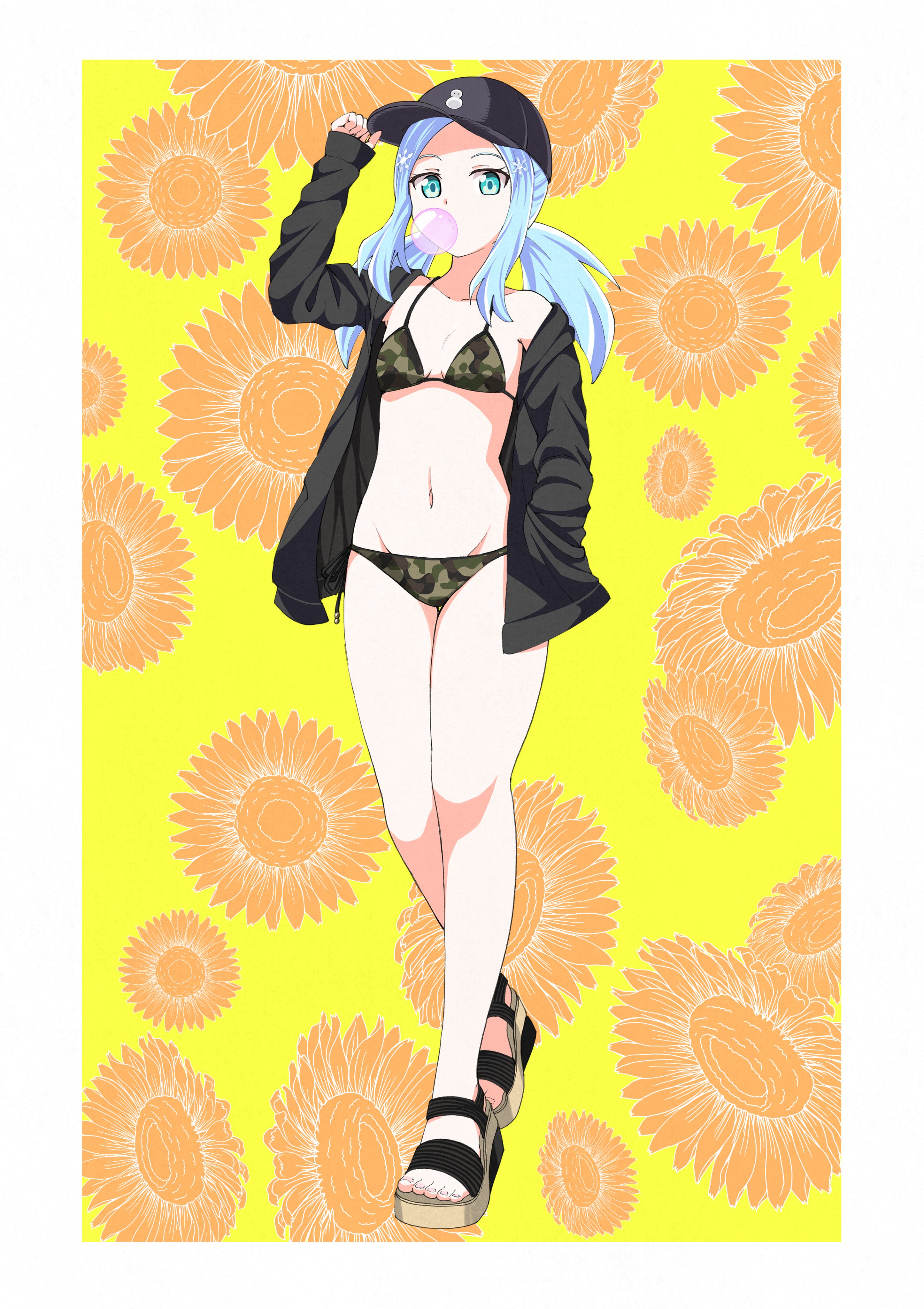 yuuki shushu, kouji (jashin-chan dropkick), jashin-chan dropkick, absurdres, highres, 1girl, baseball cap, bikini, black jacket, blowing bubble gum, blue eyes, blue hair, breasts, camouflage, camouflage bikini, chewing gum, floral background, full body, hair ornament, hat, jacket, long hair, looking at viewer, navel, sandals, simple background, small breasts, snowflake hair ornament, solo, standing, swimsuit, twintails