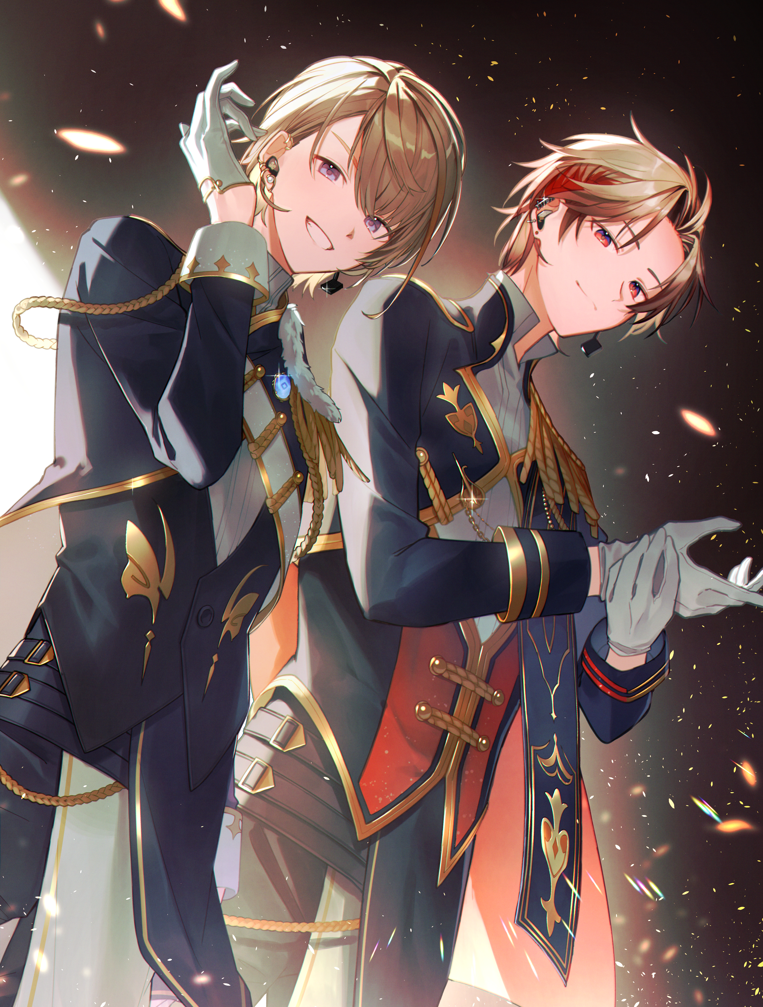 jisshu, fura kanato, seraph dazzlegarden, nijisanji, absurdres, commentary, highres, 2boys, black background, black coat, black pants, black vest, blonde hair, blue eyes, coat, confetti, earrings, epaulettes, feet out of frame, gloves, gold trim, grin, jewelry, looking at viewer, male focus, microphone, multiple boys, nijisanji idol uniform, pants, red eyes, red vest, short hair, single epaulette, smile, tailcoat, vest, virtual youtuber, white gloves