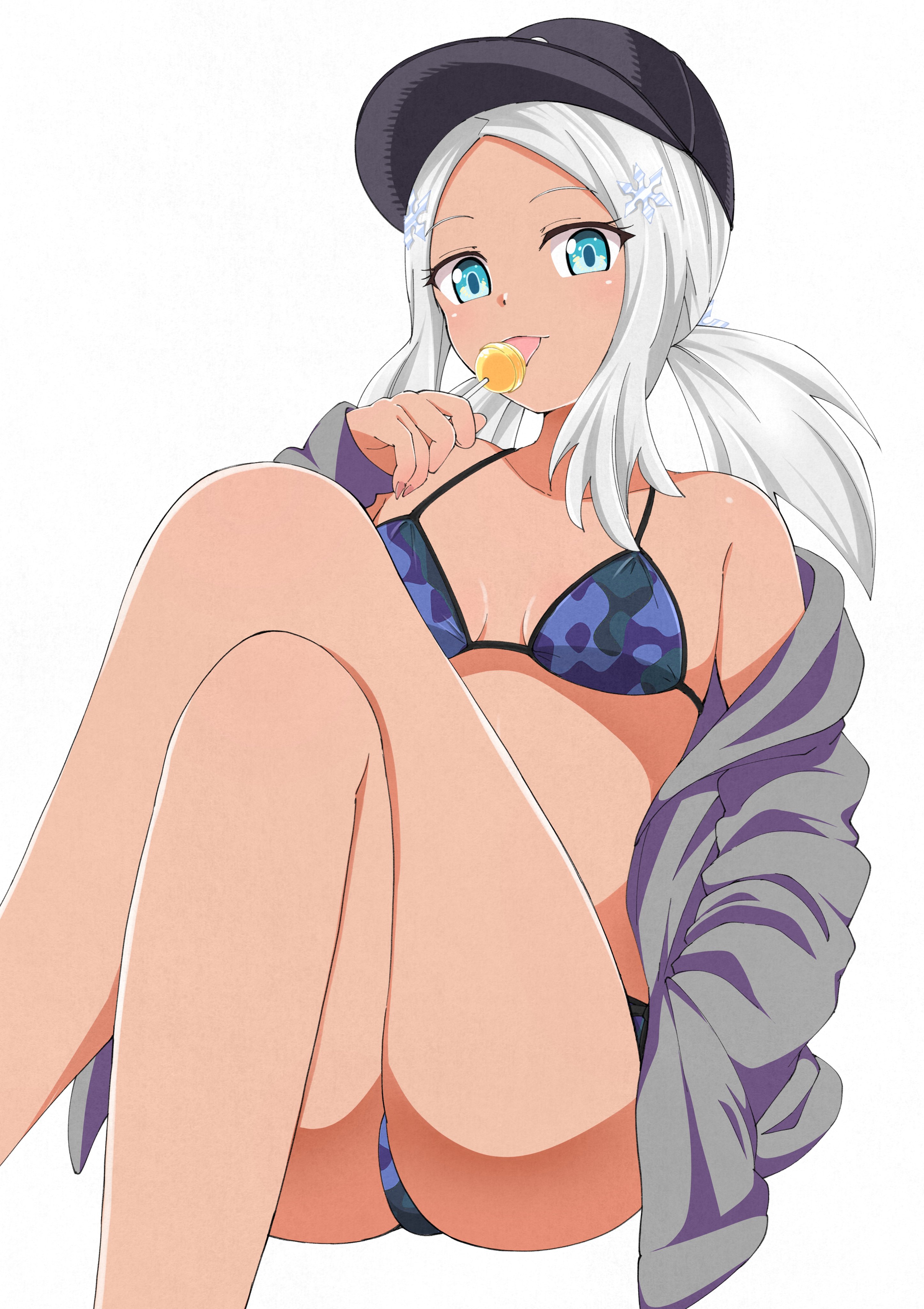 yuuki shushu, kouji (jashin-chan dropkick), jashin-chan dropkick, absurdres, highres, 1girl, ass, baseball cap, bikini, blue eyes, breasts, camouflage, camouflage bikini, candy, collarbone, food, grey jacket, hair ornament, hand in pocket, hat, jacket, licking, lollipop, long hair, looking at viewer, simple background, small breasts, snowflake hair ornament, solo, swimsuit, tongue, tongue out, twintails, white background, white hair