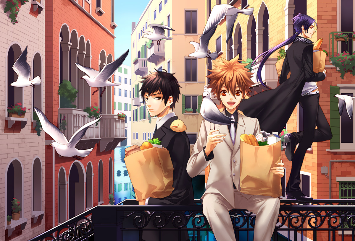 toichi (ik07), hibari kyouya, rokudou mukuro, sawada tsunayoshi, katekyo hitman reborn!, shueisha, 00s, 3boys, bird, black hair, black theme, brown hair, brown theme, building, food, formal clothes, male focus, multiple boys, purple hair, purple theme, suit, venice