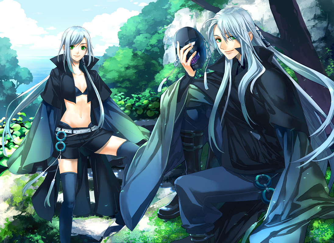 toichi (ik07), 1boy, 1girl, aqua hair, black thighhighs, green eyes, long hair, mask, midriff, shorts, smile, thighhighs
