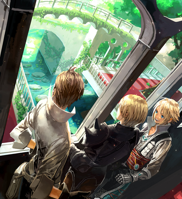 toichi (ik07), balflear, ramza beoulve, vaan (ff12), final fantasy, final fantasy tactics, final fantasy tactics a2, final fantasy tactics advance, final fantasy xii, final fantasy xii revenant wings, bad id, bad pixiv id, 00s, 3boys, armor, blonde hair, bridge, crossover, dutch angle, gauntlets, gloves, in-franchise crossover, male focus, multiple boys, pirate, plant, scenery, shirt, spikes, vines, water, white shirt