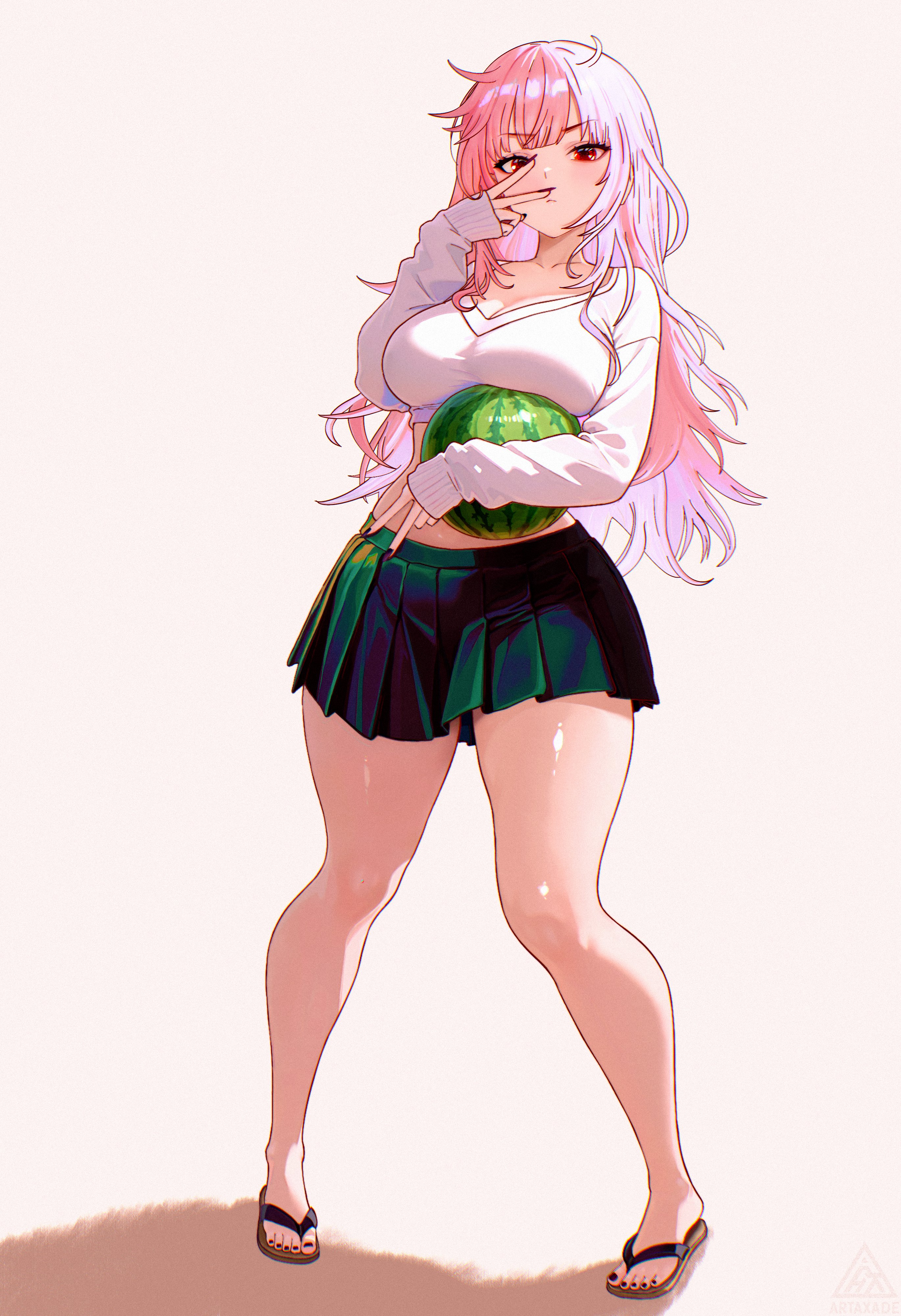 hamaxade, mori calliope, hololive, hololive english, absurdres, commentary, english commentary, highres, 1girl, bare legs, black nails, black skirt, crop top, feet, fingernails, food, fruit, long fingernails, long sleeves, messy hair, miniskirt, nail polish, pink hair, red eyes, sandals, shiny skin, shirt, skirt, solo, v, watermelon, white background, white shirt