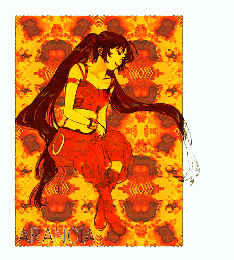 kusumori shiba, arancia, original, bad id, bad pixiv id, 1girl, boots, camisole, closed eyes, female focus, food, fruit, long hair, lying, midriff, monochrome, navel, orange (fruit), red theme, solo, twintails, wrist cuffs, yellow theme