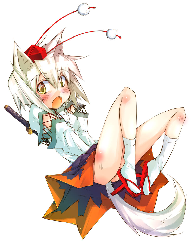 narumiya (narumiya), inubashiri momiji, touhou, silver hair, duplicate, 1girl, animal ears, detached sleeves, female focus, geta, hat, short hair, solo, sword, tail, tengu-geta, tokin hat, weapon, wolf ears, wolf tail, yellow eyes