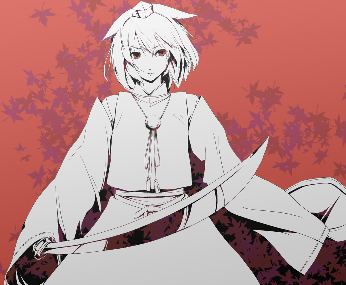 serene (gusarme), inubashiri momiji, touhou, 1girl, androgynous, animal ears, annoyed, bow, detached sleeves, female focus, hair bow, hat, japanese clothes, katana, leaf, maple leaf, monochrome, orange eyes, orange theme, red eyes, reflection, ribbon, short hair, solo, spot color, sword, tokin hat, weapon, wide sleeves, wolf ears