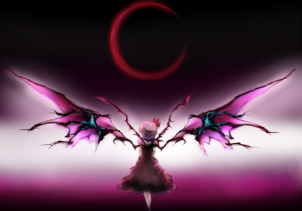 nanban teishoku, remilia scarlet, touhou, bad id, bad pixiv id, 1girl, back, bat wings, crescent moon, dress, female focus, glowing, gradient background, hat, legs, moon, outdoors, purple hair, red moon, short hair, short sleeves, sky, solo, white background, wings