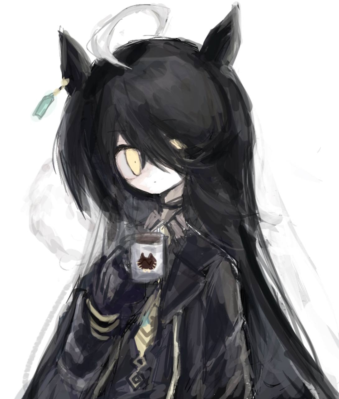 manhattan cafe (umamusume), umamusume, commentary, highres, 1girl, animal ears, black coat, black hair, black shirt, closed mouth, coat, contrast collar, cup, dot mouth, ear ornament, ear tag, earrings, hair between eyes, holding, holding cup, horse ears, horse girl, jewelry, long hair, long hair between eyes, mug, multicolored hair, necktie, open clothes, open coat, shirt, single earring, solo, ukato-20010, very long hair, white hair, yellow eyes, yellow necktie