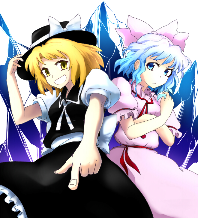 nanban teishoku, mai (touhou), yuki (touhou), mystic square, touhou, touhou (pc-98), bad id, bad pixiv id, 2girls, adjusting hair, annoyed, blonde hair, blue eyes, blue hair, bow, dress, female focus, foreshortening, frills, grin, hair bow, hair ribbon, hat, hat ribbon, ice, multiple girls, outstretched hand, ribbon, short hair, short sleeves, smile, witch, yellow eyes