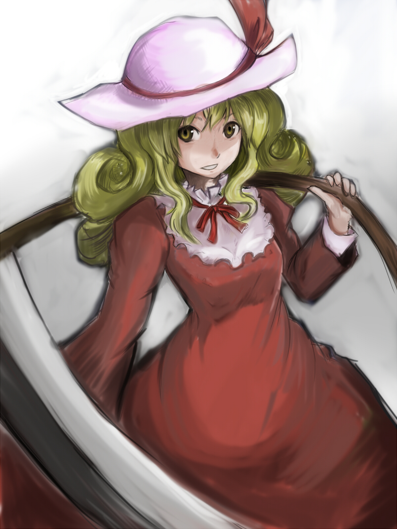 wakie, elly (touhou), lotus land story, touhou, touhou (pc-98), 1girl, blonde hair, bow, dress, female focus, gradient background, hair bow, hat, hat ribbon, long hair, long sleeves, ribbon, scythe, smile, solo, weapon