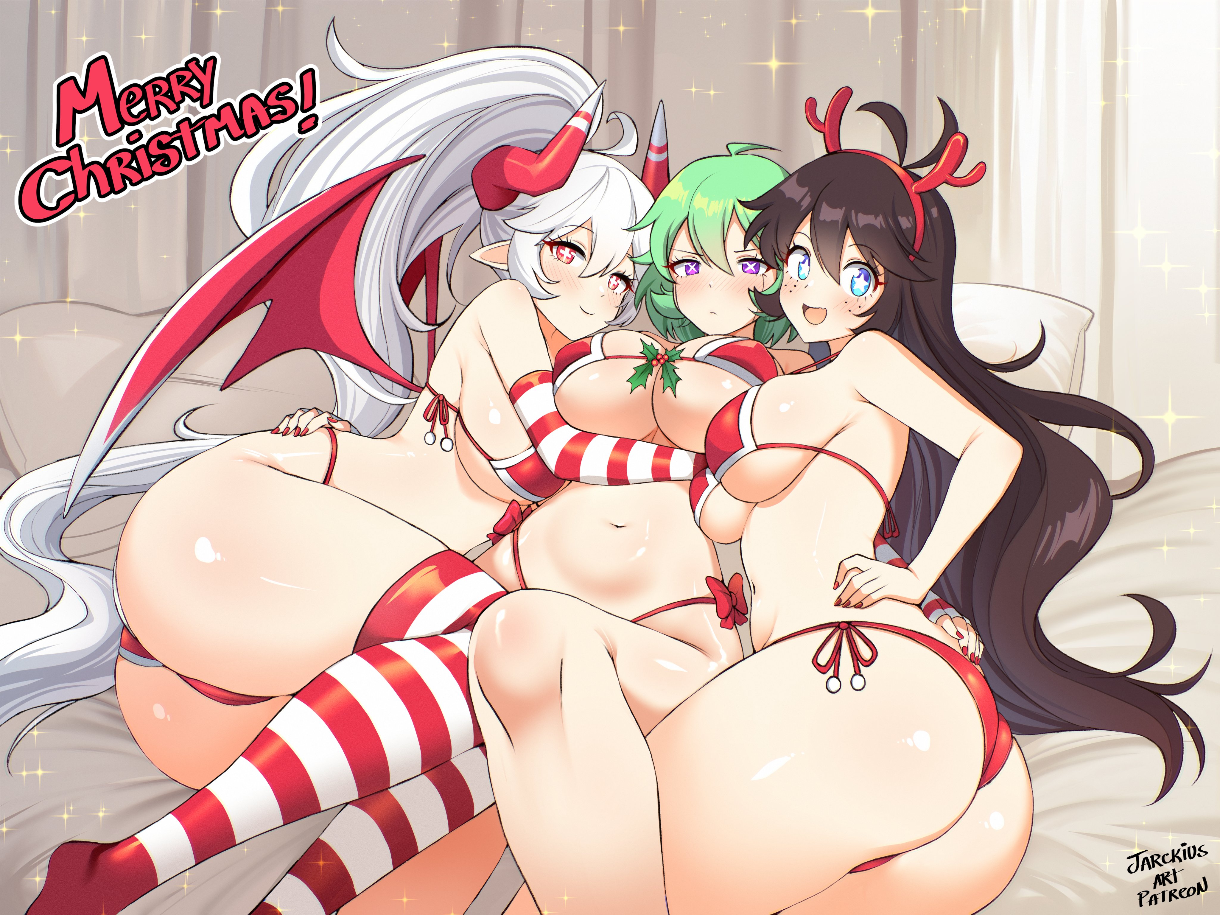 jarckius, absurdres, character request, commentary, copyright request, english commentary, highres, 3girls, black hair, blue eyes, blush, bra, breasts, fake antlers, green hair, hairband, long hair, looking at viewer, multiple girls, navel, open mouth, panties, ponytail, purple eyes, red bra, red eyes, red hairband, red panties, red socks, red wings, smile, socks, striped clothes, striped socks, underwear, white hair, white socks, wings
