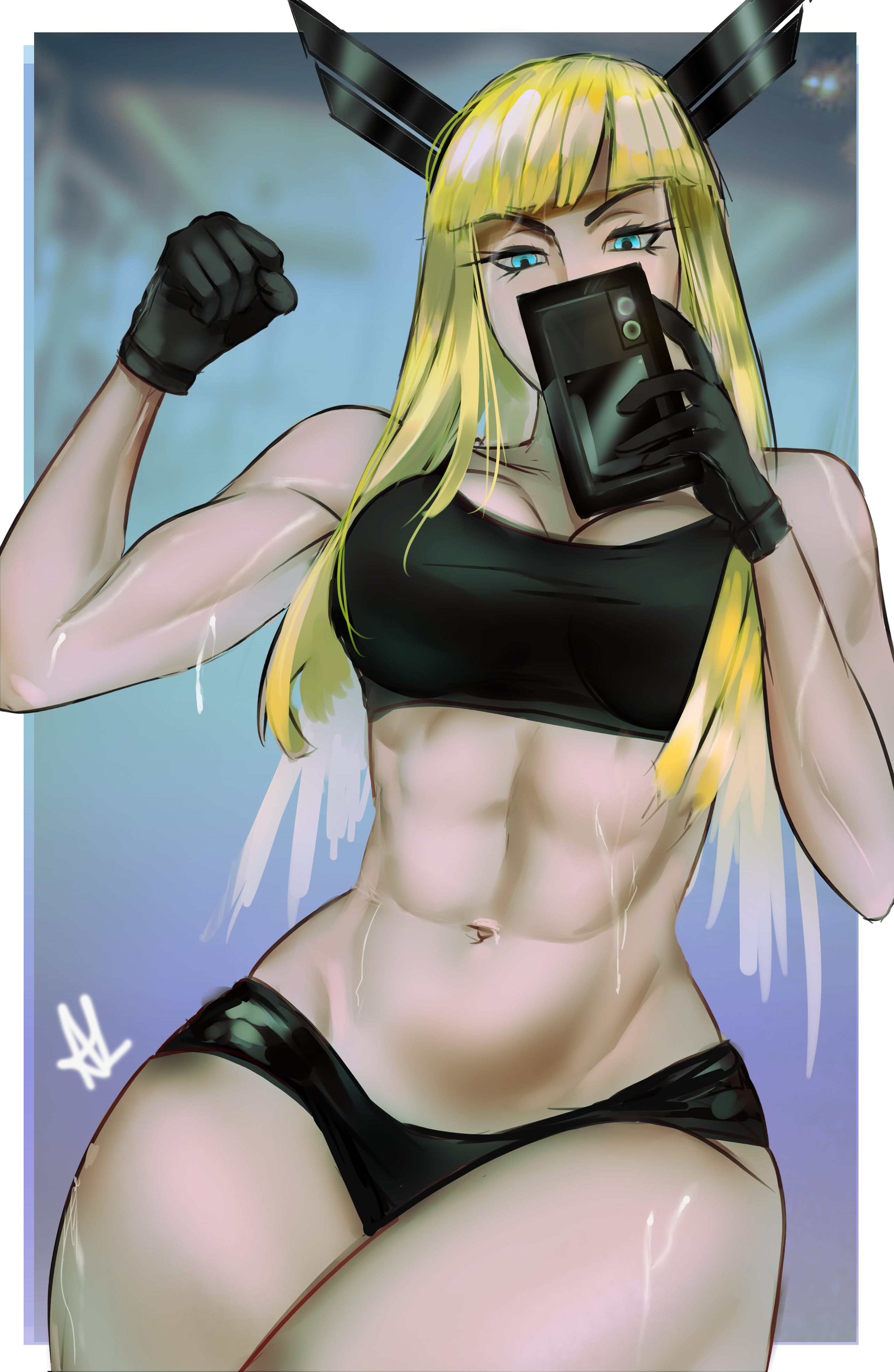 arialla draws, magik (x-men), marvel, marvel rivals, x-men, absurdres, commentary, english commentary, highres, 1girl, abs, artist logo, bare shoulders, black gloves, black sports bra, blonde hair, blue eyes, cellphone, gloves, holding, holding phone, logo, long hair, mirror selfie, muscular, muscular female, navel, phone, selfie, simple background, smartphone, solo, spikes, sports bra, taking picture, thighs
