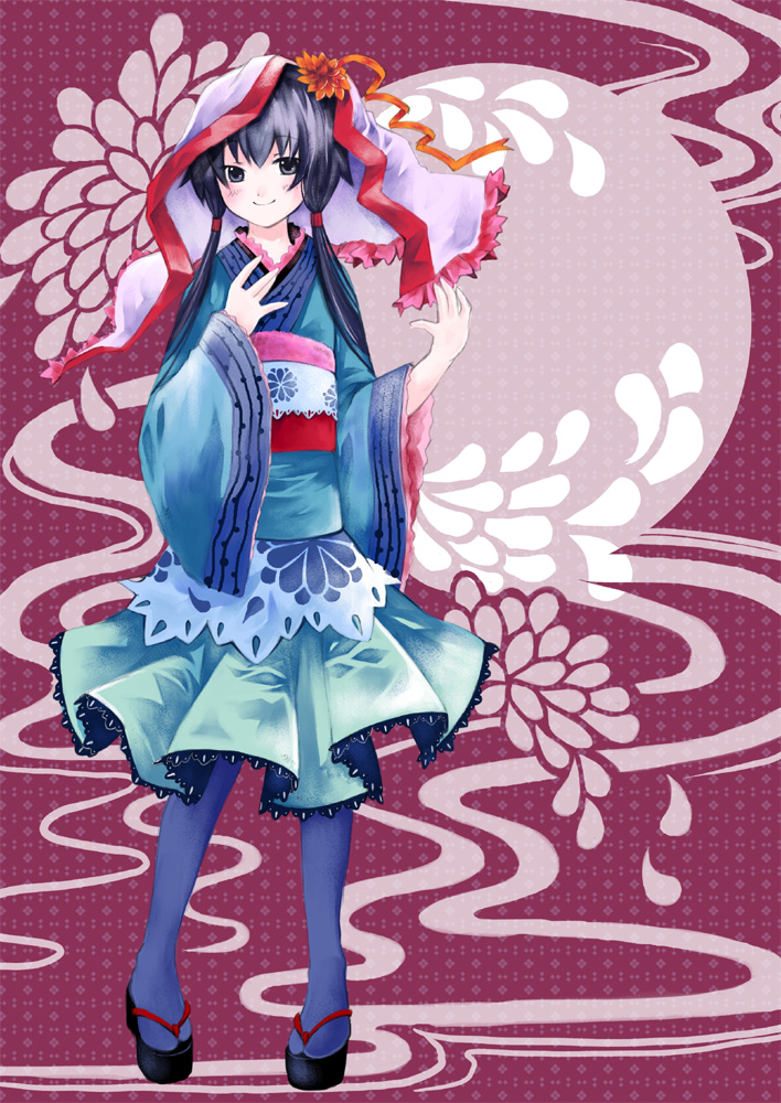 kaedena akino, miyabi akino, original, bad id, bad pixiv id, 1girl, blue eyes, blue hair, blue pantyhose, female focus, flower, japanese clothes, kimono, long hair, matching hair/eyes, pantyhose, smile, solo, tabi, twintails