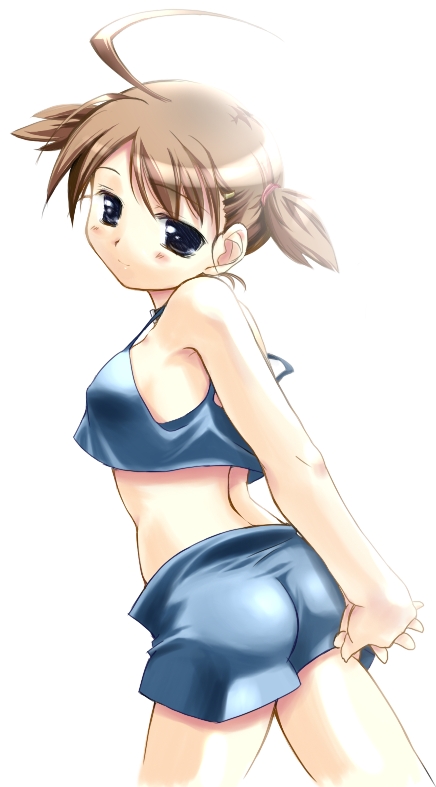 nomal, akazukin (otogi-juushi akazukin), otogi-juushi akazukin, 00s, 1girl, ahoge, ass, blush, brown eyes, brown hair, female focus, looking back, midriff, short hair, short twintails, shorts, smile, solo, standing, twintails