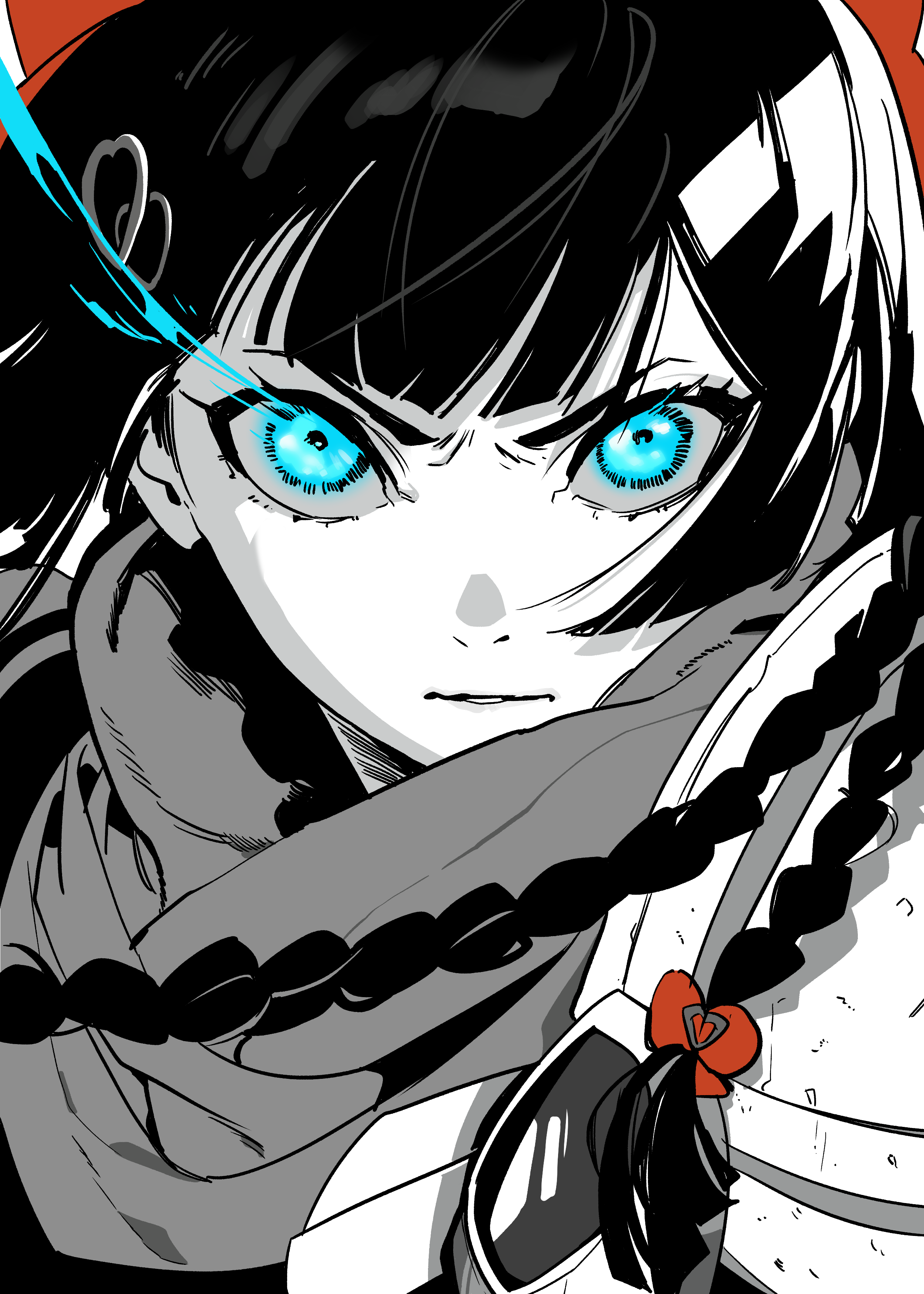 eg58561415, shirayuki hina, stellive, absurdres, commentary request, highres, korean commentary, 1girl, aqua eyes, braid, greyscale, hair ornament, long hair, looking at viewer, monochrome, parted lips, portrait, red background, scarf, simple background, solo, solo focus, spot color