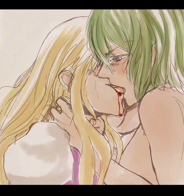 kamaboko tarou, kazami yuuka, yakumo yukari, touhou, bad id, bad pixiv id, 2girls, angry, bare shoulders, blood, female focus, french kiss, green hair, kiss, letterboxed, long hair, multiple girls, nude, profile, short hair, tongue, yellow eyes, yuri